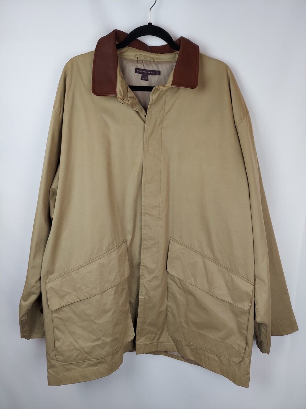 Mckenzie Tribe Men's Tan Trench Coat With Brown Leather Collar Trim Sz XL
